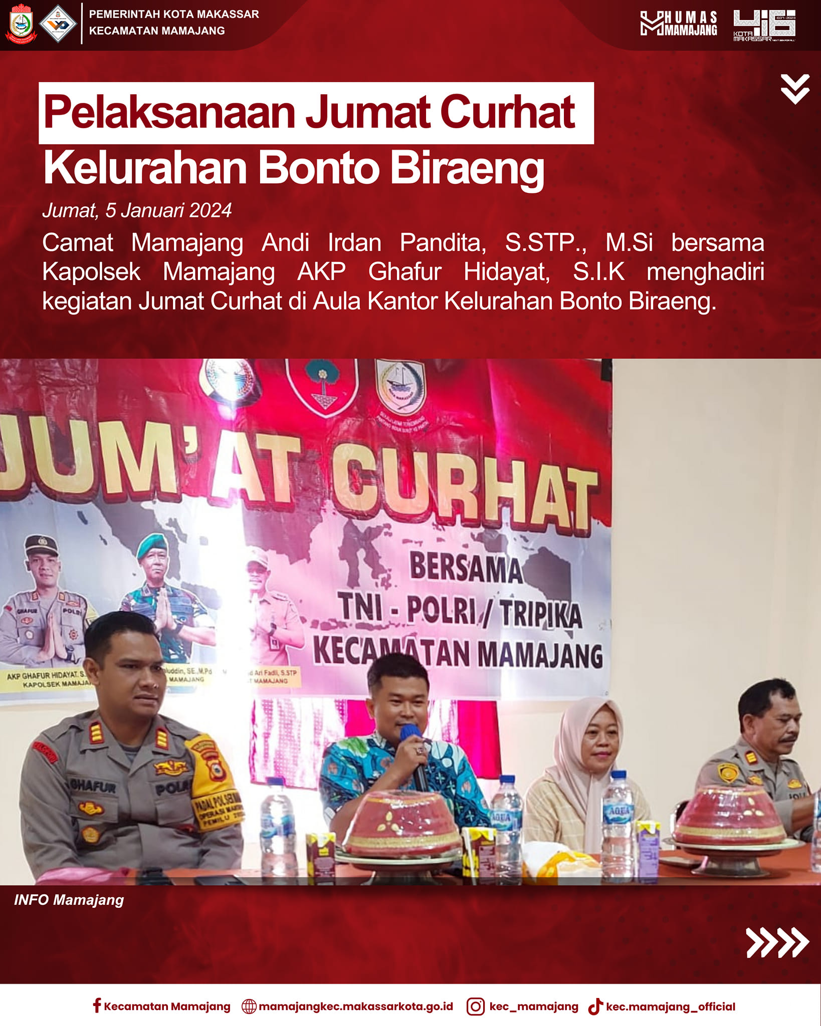 Gambar Camat Mamajang Andi Irdan Pandita, S.STP., M.Si  menghadiri kegiatan Jumat Curhat di Aula Kantor Kelurahan Bonto Biraeng